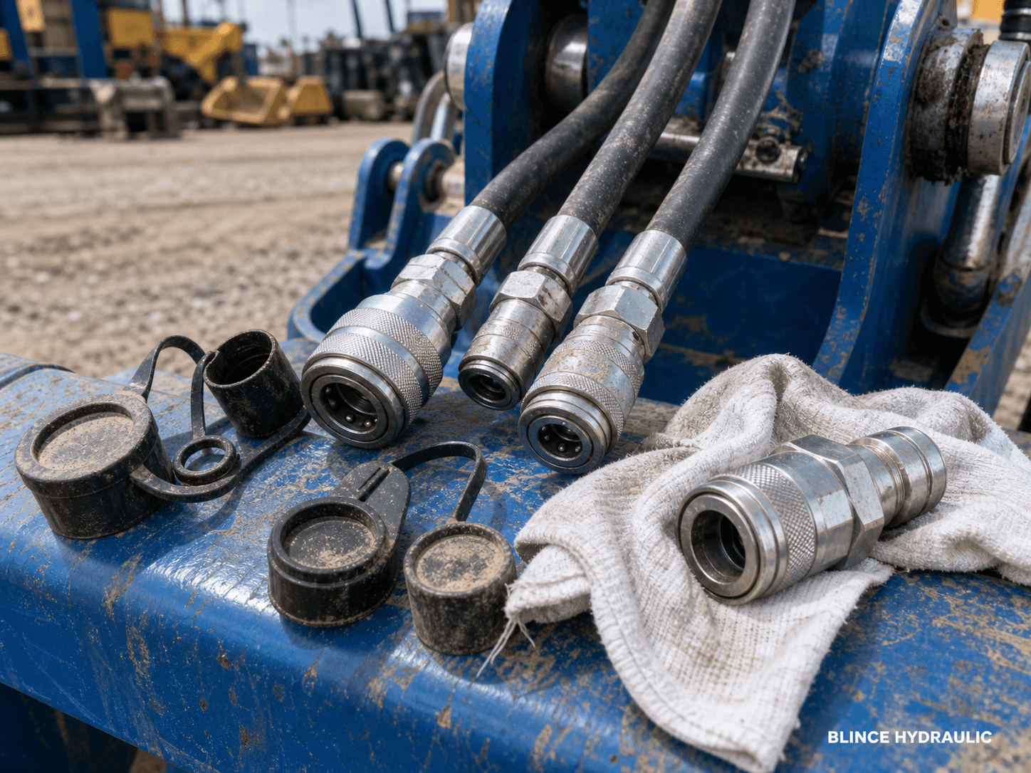 dirty hydraulic quick couplers with dust caps and cleaning cloth
