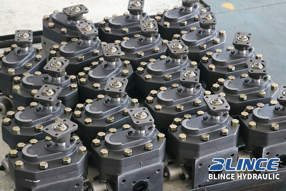 Finished hydraulic motors with mounted shafts and housings ready for quality inspection before shipment.