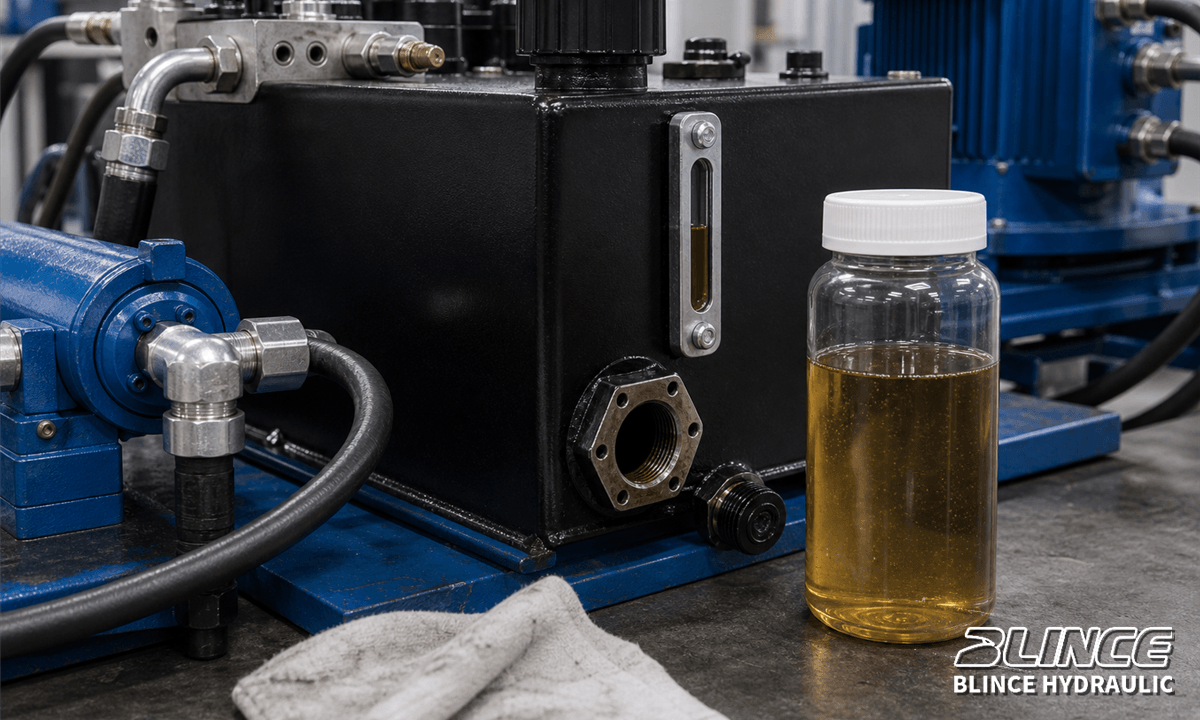 Hydraulic oil sample beside reservoir drain for contamination inspection