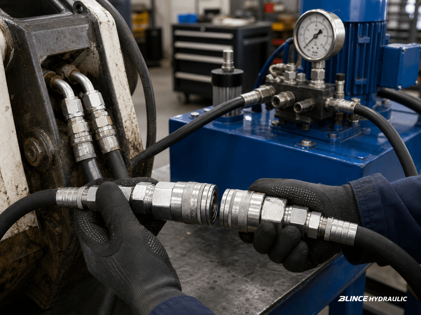hydraulic quick coupler connection on test power unit