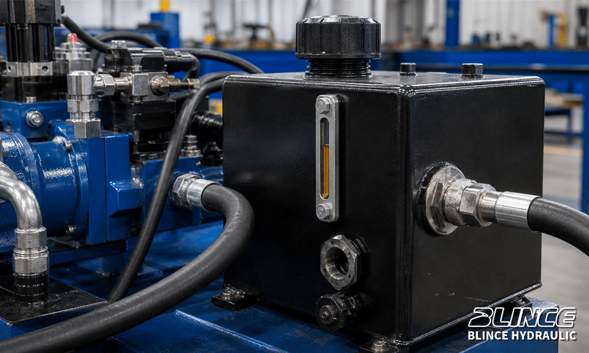 Hydraulic reservoir breather with oil level sight glass and suction hose