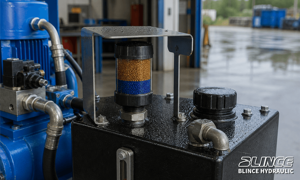 Desiccant breather protecting hydraulic reservoir from moisture and dust